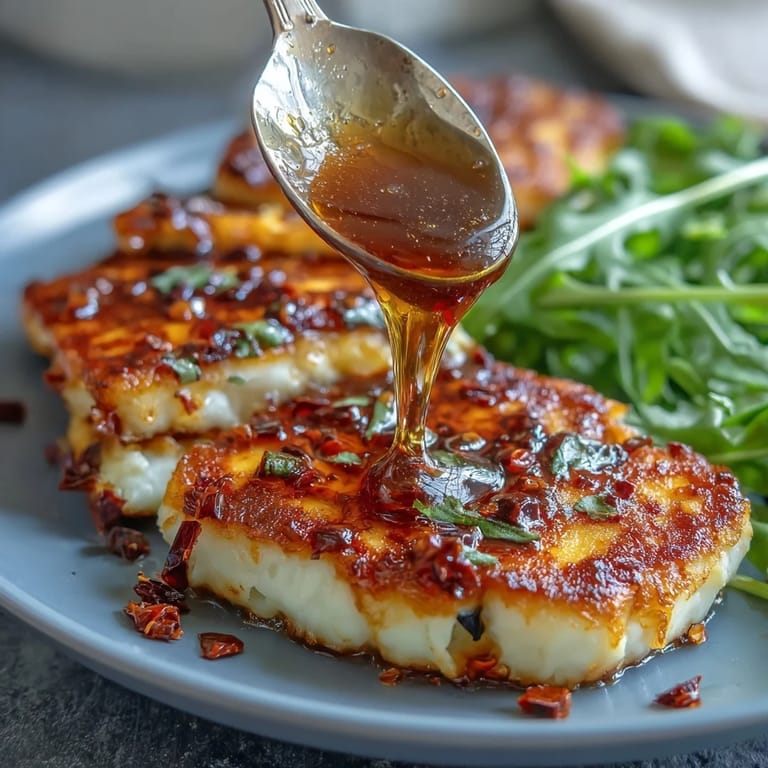 Pan-fried halloumi slices glistening with sweet-spicy honey, served on a vibrant bed of peppery arugula greens.  