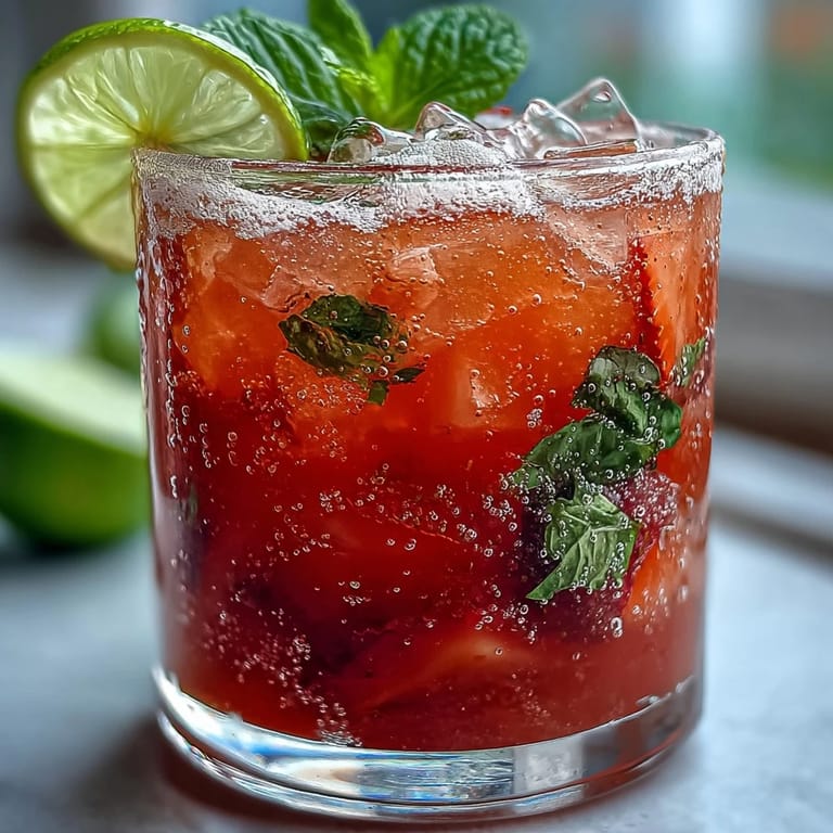 Vibrant strawberry agua fresca served over ice with lime slices and mint, offering a cool and naturally sweet thirst quencher.