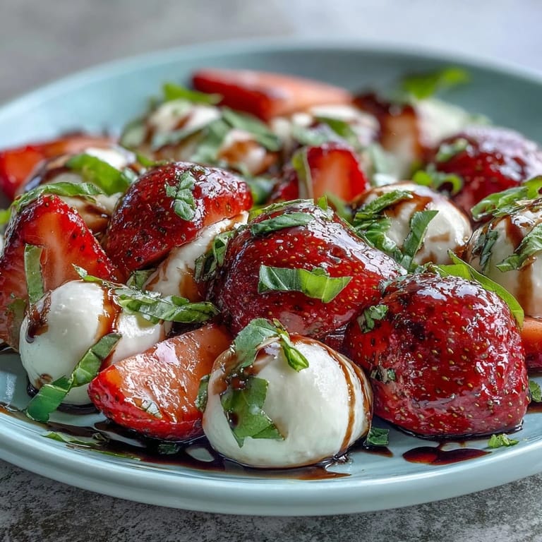 Easy Fresh Strawberry Caprese Salad featuring basil, tomatoes, and a sweet balsamic drizzle.