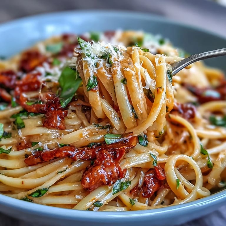 Hearty, easy One-Pot Creamy Tomato Basil Pasta topped with Parmesan cheese.