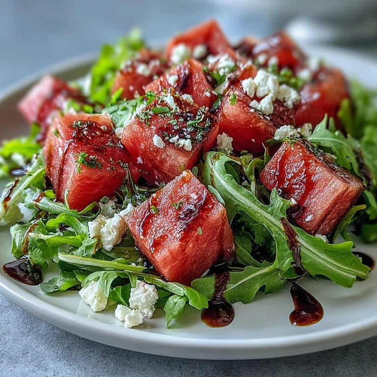 Enjoy this fresh Watermelon Feta Arugula Salad, piled high in a bowl.