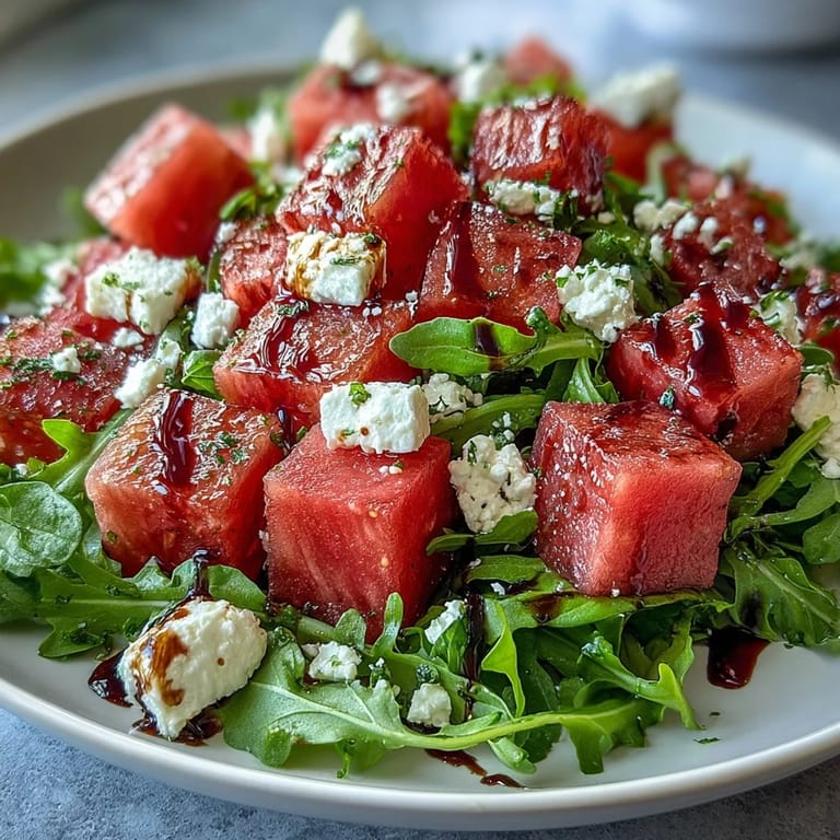 Sweet Watermelon Feta Arugula Salad with rich balsamic glaze, ready to serve.