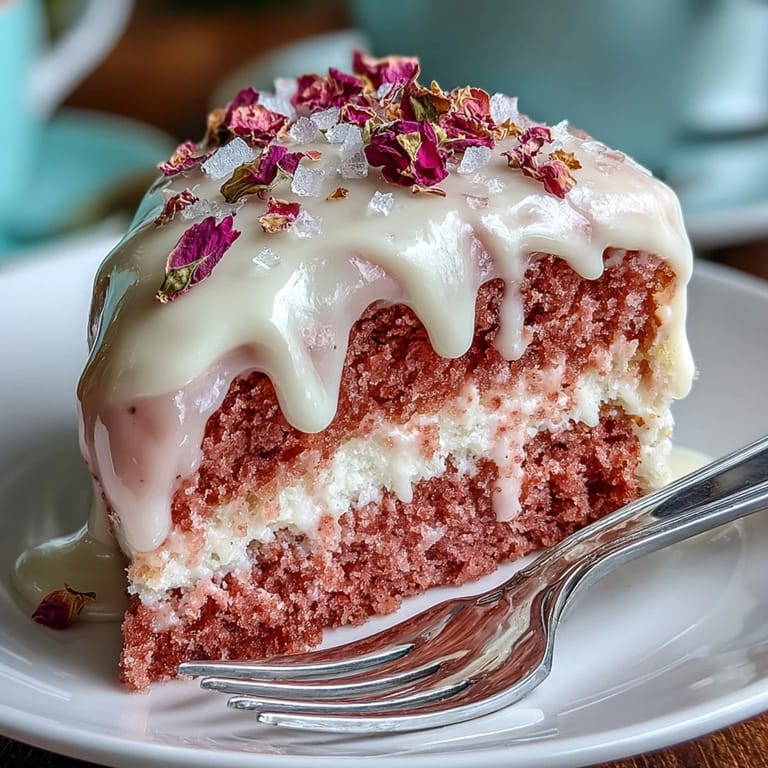 Delicious pink Rosé Velvet Cake, perfect for celebrations with a sweet drip.