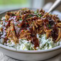Fluffy white rice topped with tender pulled pork, tangy coleslaw, and smoky BBQ sauce in a serving bowl.