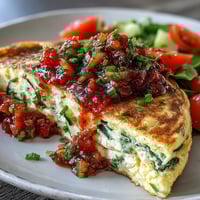 A close-up of a fluffy Light Veggie Egg White Omelette, folded over vibrant red bell peppers, spinach, and zucchini, topped with fresh pico de gallo salsa.