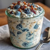 A jar of creamy overnight oats topped with fresh blueberries and a sprinkle of lemon zest for a bright, refreshing breakfast.
