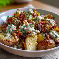 Hearty BBQ baby shower loaded baked potato salad with smoky bacon, cheddar cheese, and fresh herbs in a creamy dressing.  