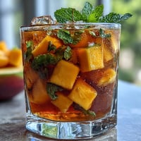 Refreshing mango peach sangria with juicy fruit slices, mint, and citrus in a clear pitcher, perfect for summer parties.