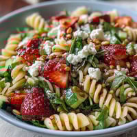 Vibrant Spring Pasta Salad with Strawberries, Feta, and Arugula in a white bowl