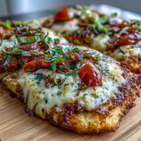 Delicious cottage cheese flatbread pizza with a golden, protein-rich base topped with melty mozzarella, fresh tomatoes, and spinach.