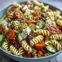 Fresh summer pasta salad with colorful vegetables and Italian dressing, ideal for picnics or light lunches.  
