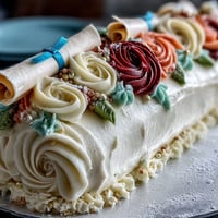 Graduation sheet cake with buttercream roses and diploma, decorated in festive school colors for a celebratory dessert table.  