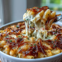 A golden-baked French onion pasta casserole topped with bubbling Gruyère cheese and caramelized onions.