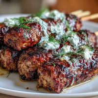 Grilled lamb kofta skewers seasoned with cumin and coriander, served with creamy homemade tzatziki sauce.  