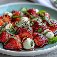 Fresh Strawberry Caprese Salad, glistening with balsamic glaze and vibrant summer colors served.