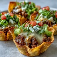 Enjoy crispy wonton Mini Taco Cups bursting with savory filling and gooey cheese.