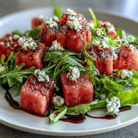 Vibrant Watermelon Feta Arugula Salad with balsamic drizzle, perfect for summer.